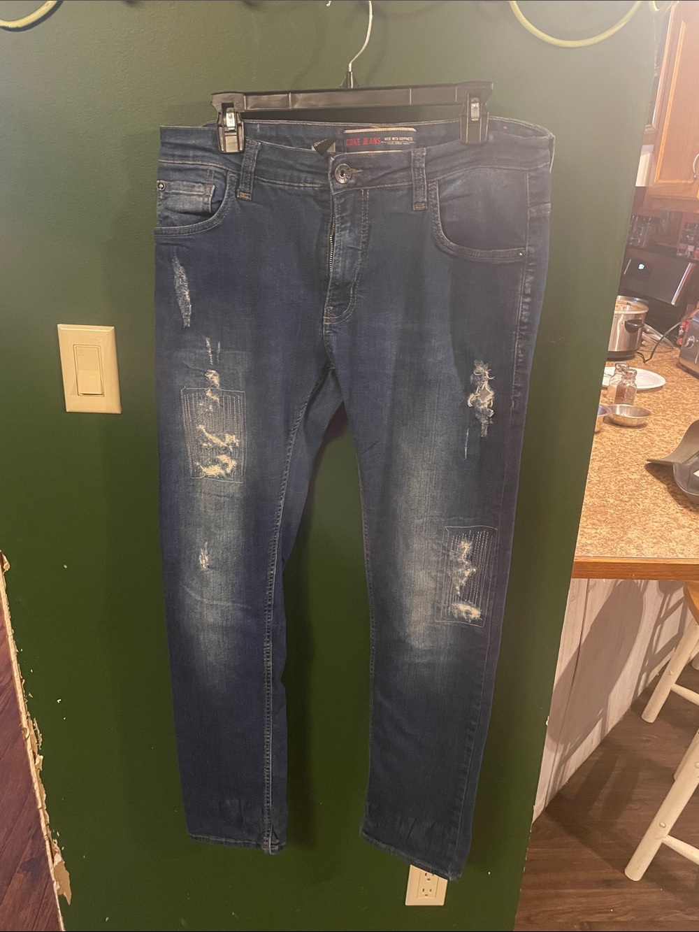Coke Cola Dark Washed Distressed Blue Jeans Size 32x30 Straight Legged